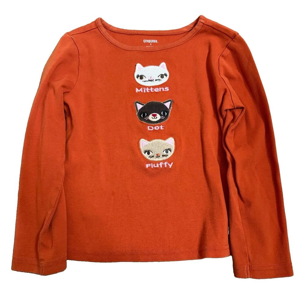 Gymboree Girls 7 Orange Crew Neck Long Sleeve Cat Embroidered Cotton Shirt
